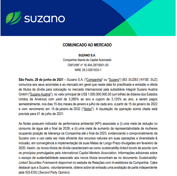 Suzano precifica emissão de títulos de dívida para o mercado internacional