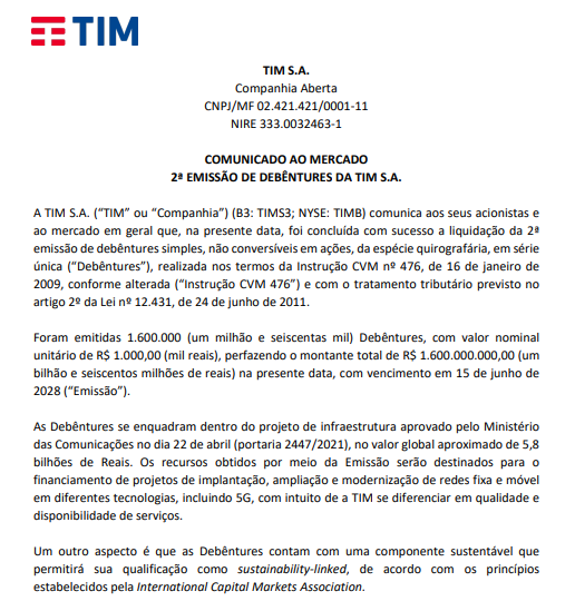 TIM anuncia liquidação da 2ª emissão de debêntures simples