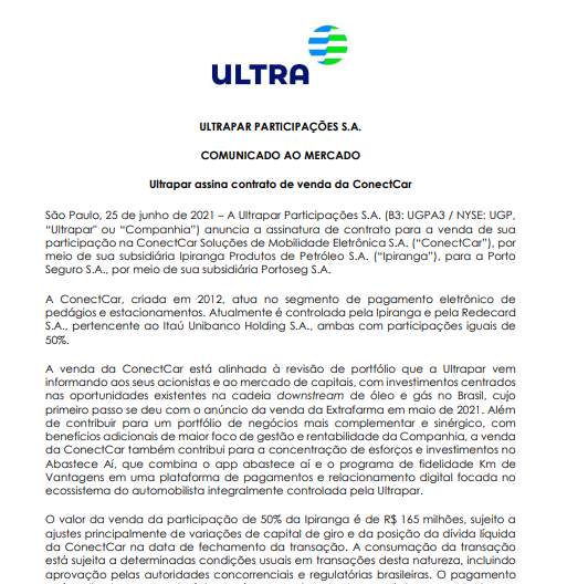 Ultrapar vende ConectCar Soluções de Mobilidade Eletrônica para a Porto Seguro