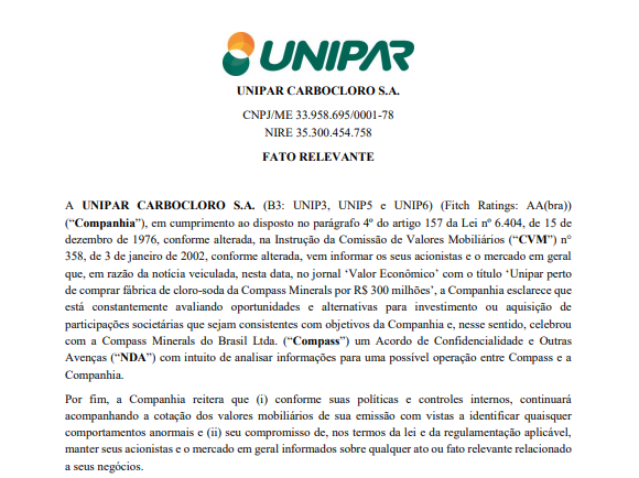 Unipar Carbocloro assina acordo de confidencialidade para aquisição da Compass Minerals