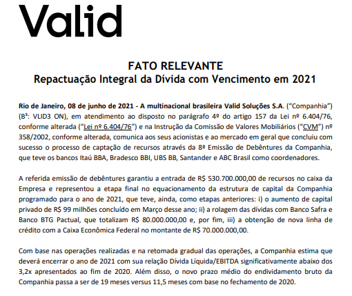 Valid anuncia repactuação integral da dívida com vencimento em 2021