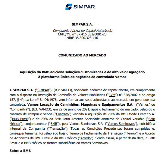 Grupo Vamos anuncia aquisição parcial da BMB Brasil e BMB México