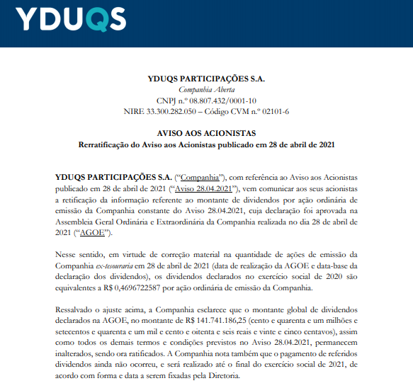 Yduqs vai pagar R$140 mi em dividendos relativos ao exercício de 2020