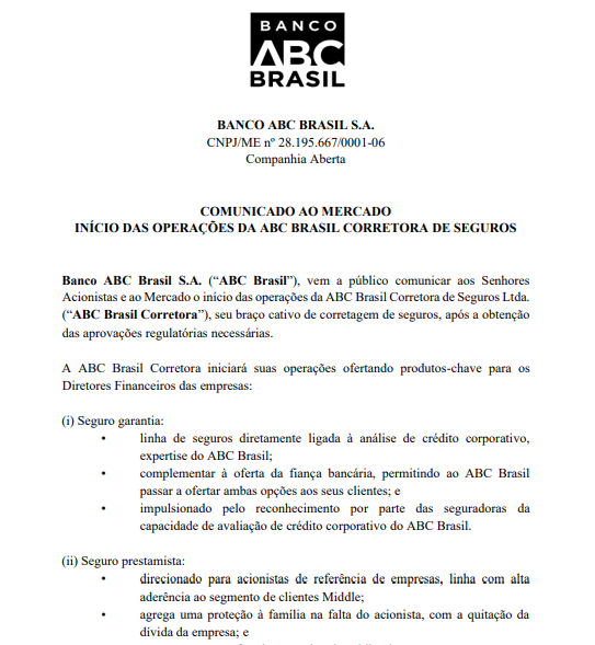 Banco ABC Brasil anuncia início das operações de sua corretora de seguros