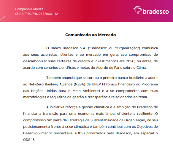 Bradesco pretende descarbonizar sua carteira de crédito e investimentos até 2050