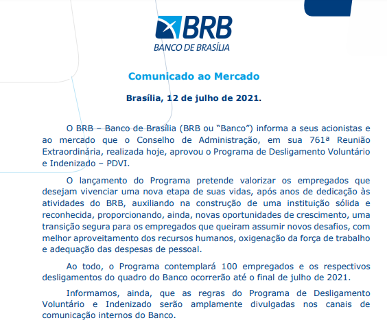 Banco de Brasília aprova Programa de Desligamento Voluntário e Indenizado
