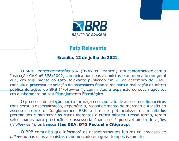 Banco de Brasília contrata Itaú BBA, BTG e Citigroup para follow-on