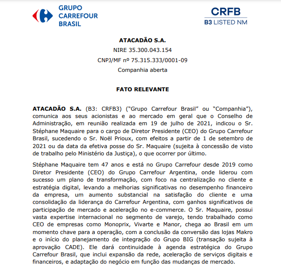 Carrefour Brasil anuncia Stéphane Maquaire como diretor-presidente a partir de setembro