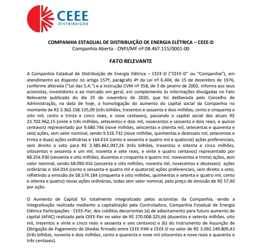 CEEE-D informa homologação do aumento de capital no montante de R$3.362 bi