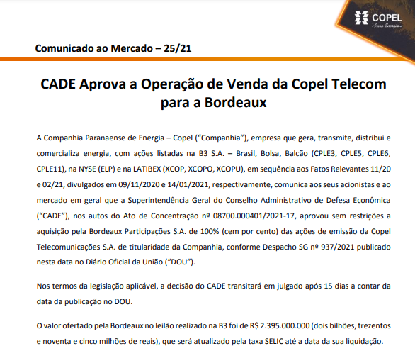 Cade aprova venda da Copel Telecom para Bordeuax