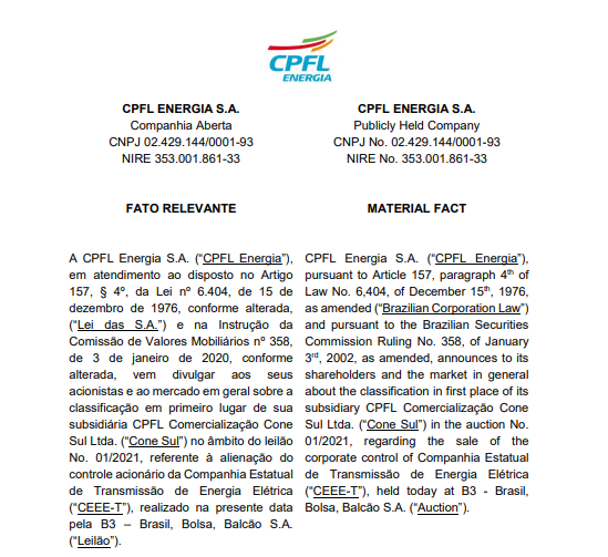 CPFL Energia vence leilão de privatização da CEEE-Transmissão, do Rio Grande do Sul