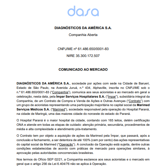 Dasa anuncia compra da Marimed, de Maringá, via Ímpar Serviços Hospitalares