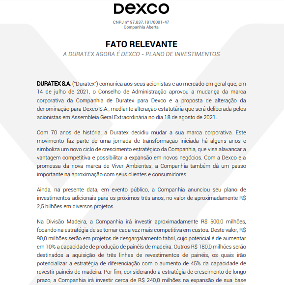Duratex muda marca corporativa e passa a se chamar Dexco