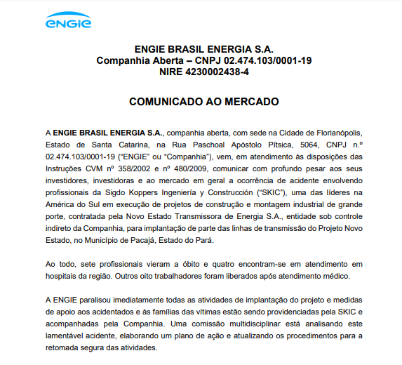 Engie Brasil: Torre de transmissão desaba no Pará e 7 profissionais morrem
