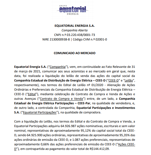 Equatorial Energia anuncia liquidação do leilão de ações da CEEE-D