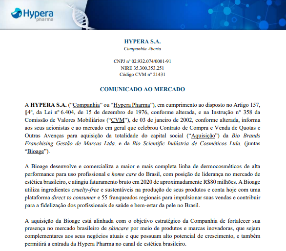 Hypera anuncia aquisição da Bio Brands Franchising e Bio Scientific Cosméticos