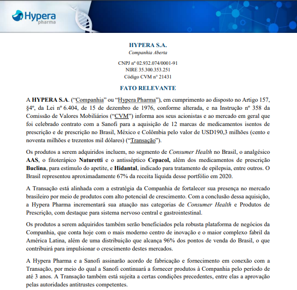 Hypera anuncia aquisição de 12 marcas de medicamentos da Sanofi