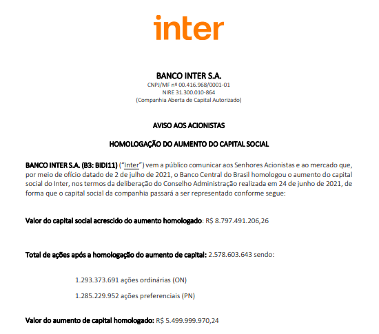 Inter anuncia homologação do aumento do capital social