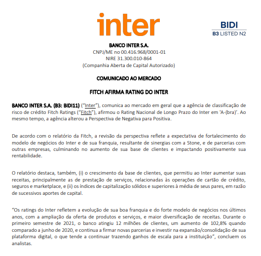 Inter: Fitch afirma rating do banco digital em 'A-(bra)’ e agora Perspectiva Positiva