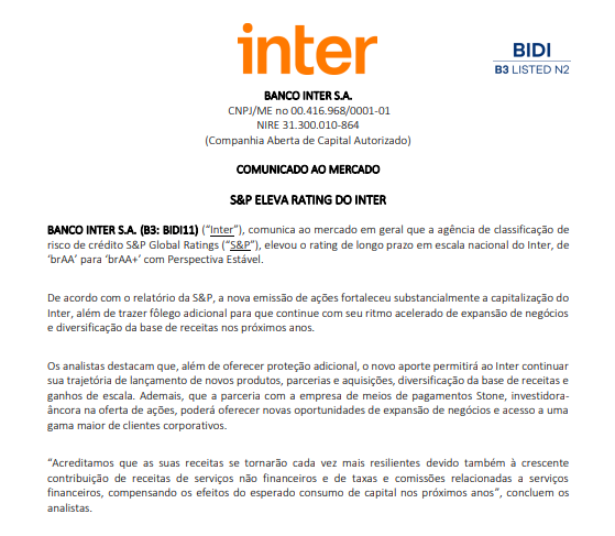 Inter: S&P eleva rating de ‘brAA’ para ‘brAA+’ com Perspectiva Estável