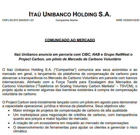 Itaú Unibanco lança plataforma de compensação de carbono 