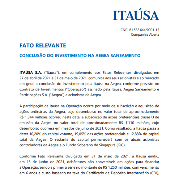 Itaúsa conclui investimento feito na Aegea Saneamento