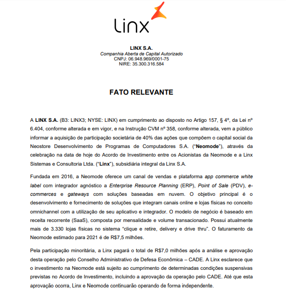 Linx anuncia aquisição de 40% da desenvolvedora Neomode