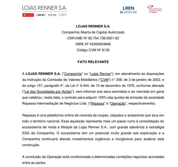 Lojas Renner anuncia aquisição da Repassa Intermediação de Negócios