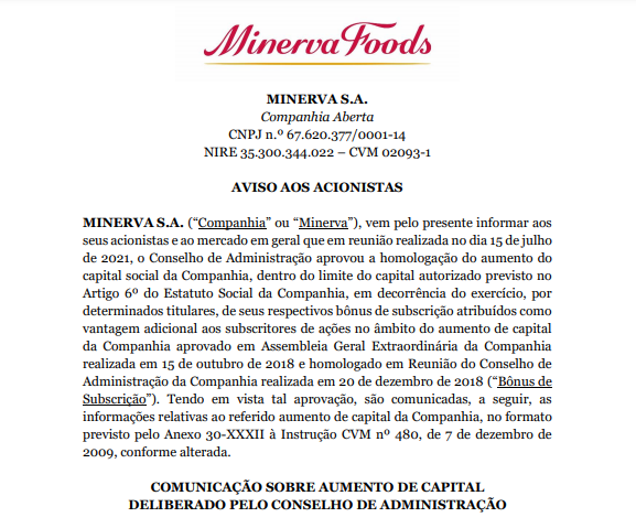 Minerva homologa aumento do capital social, agora em R$1.371 bi