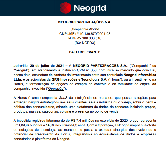 Neogrid anuncia assinatura de contrato de investimento e aquisição da Horus