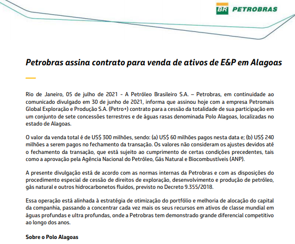 Petrobras assina contrato para venda de ativos de E&P em Alagoas e encerra oferta da BR