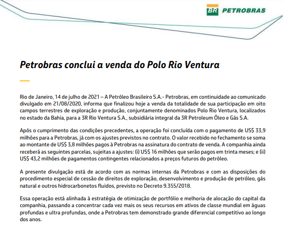 Petrobras conclui a venda da totalidade do Polo Rio Ventura