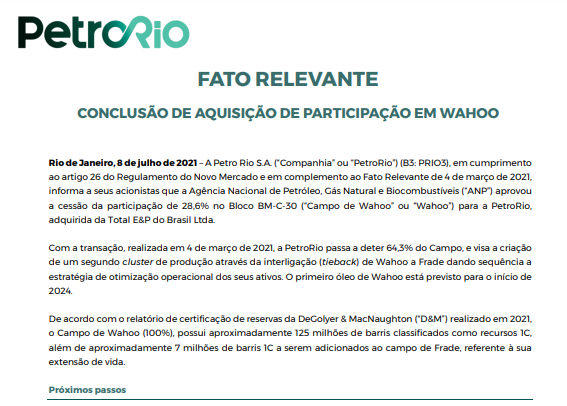 PetroRio vai receber 28,6% do Campo de Wahoo da ANP para explorar 