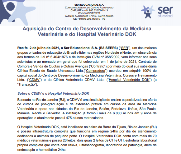 Ser anuncia aquisição do Centro de Medicina Veterinária e Hospital Veterinário DOK