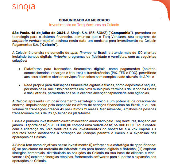 Sinqia assina para investir na Celcoin Pagamentos e anuncia emissão de debêntures