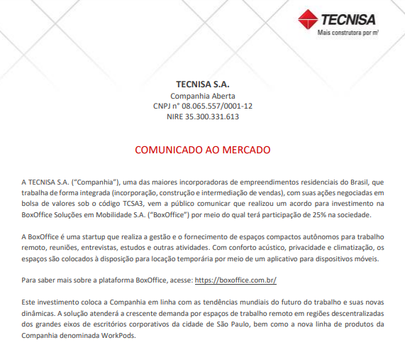 Tecnisa anuncia acordo para investimento na BoxOffice Soluções em Mobilidade