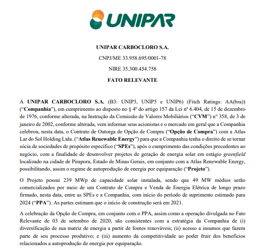 Unipar Carbocloro assina contrato de outorga para aquisição da Atlas Lar do Sol Holding