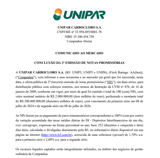 Unipar Carbocloro conclui 3ª emissão de notas promissórias