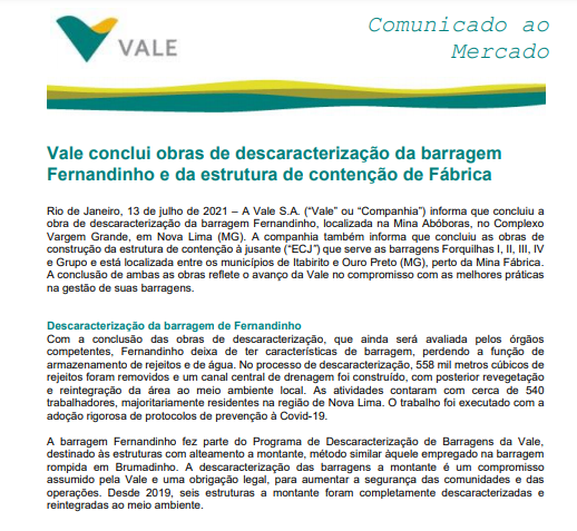 Vale conclui obras de descaracterização da barragem Fernandinho, em Nova Lima (MG)