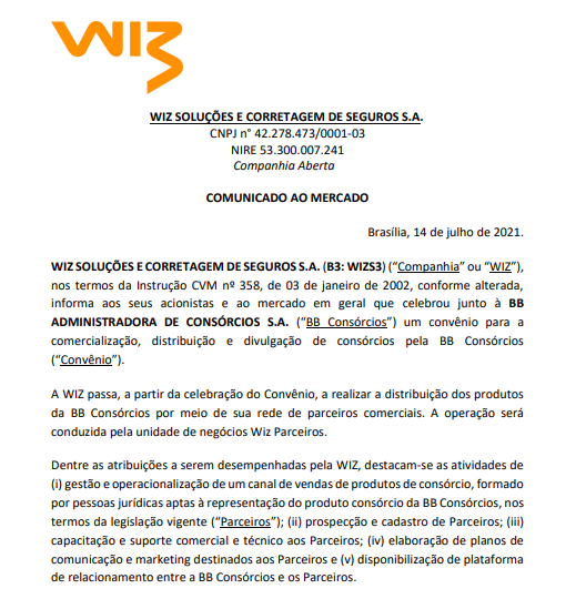 Wiz e BB Consórcios firmam convênio para comercialização e distribuição