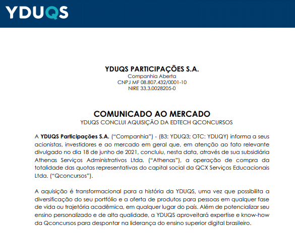 Yduqs conclui aquisição da Qconcursos por meio de subsidiária 