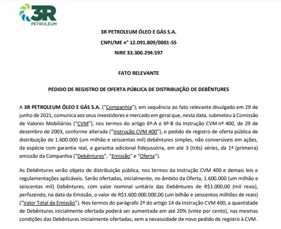 3R Petroleum protocola pedido de registro para distribuição de debêntures