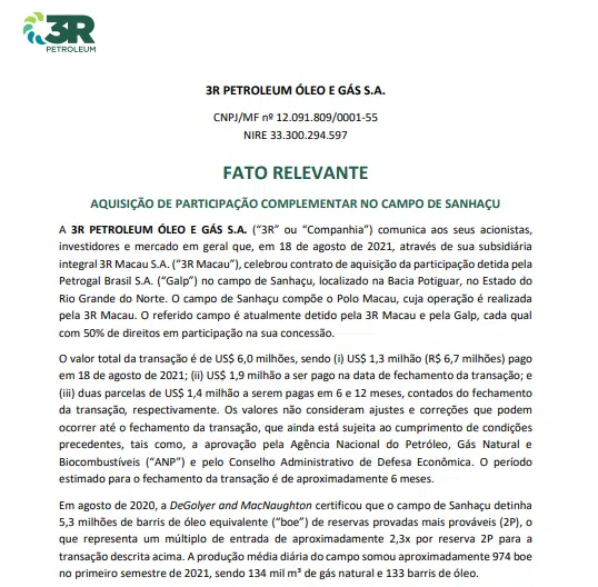 3R Petroleum adquire participação complementar no campo de Sanhaçu