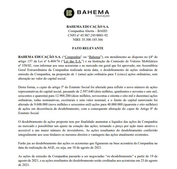 Bahema Educação anuncia desdobramento de ações na proporção de 1 para 5