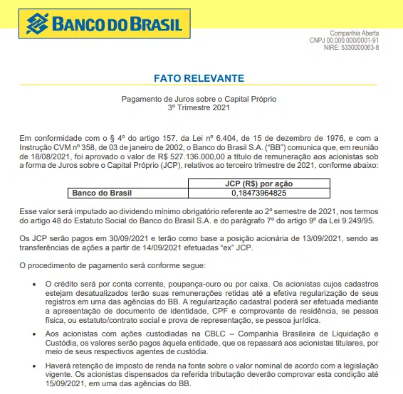 Banco do Brasil vai pagar R$ 527 milhões em JCP dia 30 de setembro
