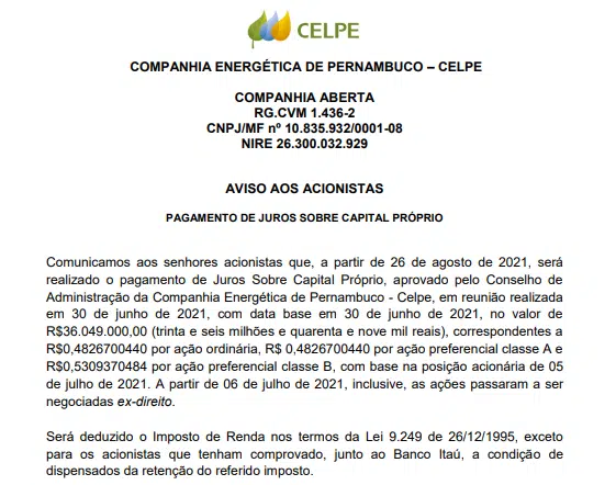 Celpe anuncia pagamento de R$ 36 mi em juros sobre capital próprio