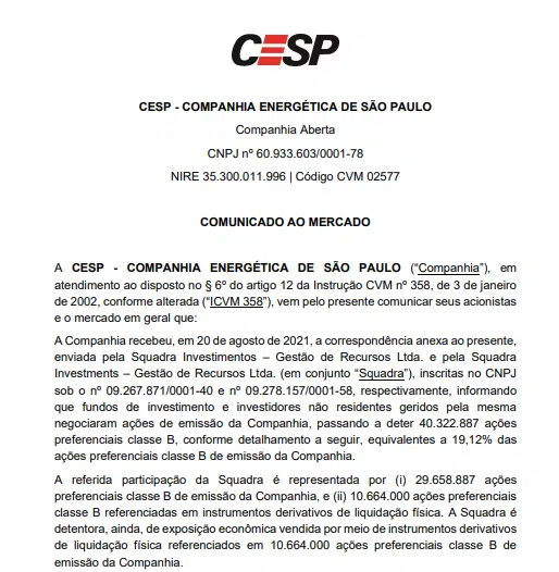 CESP: Squadra Investimentos passa a deter 19,12% das ações PN classe B
