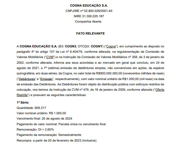 Cogna conclui emissão de debêntures para alongamento do prazo da dívida