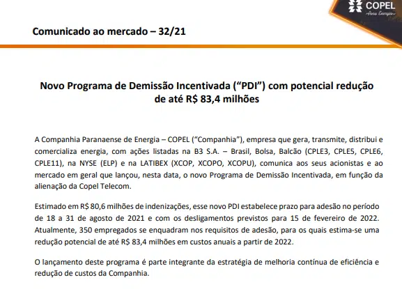 Copel anuncia novo Programa de Demissão Incentivada (PDI)