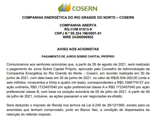 Cosern anuncia pagamento de R$ 26 mi em juros sobre capital próprio